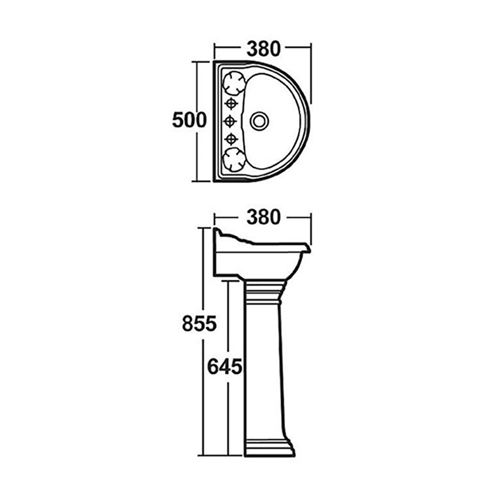 Butler & Rose Benedict 500mm Full Pedestal & Basin - 2 Tap Hole