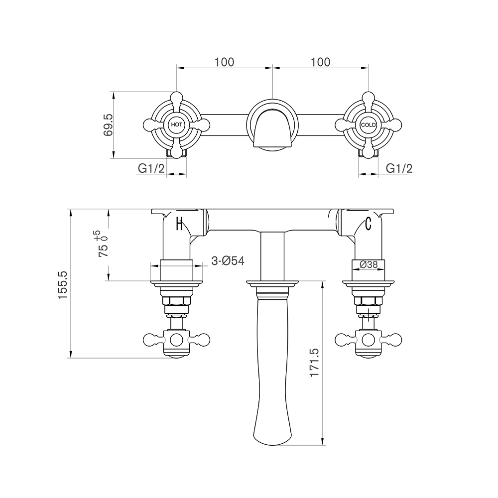 Butler & Rose Beatrice Brushed Brass Wall Mounted Basin Mixer Tap