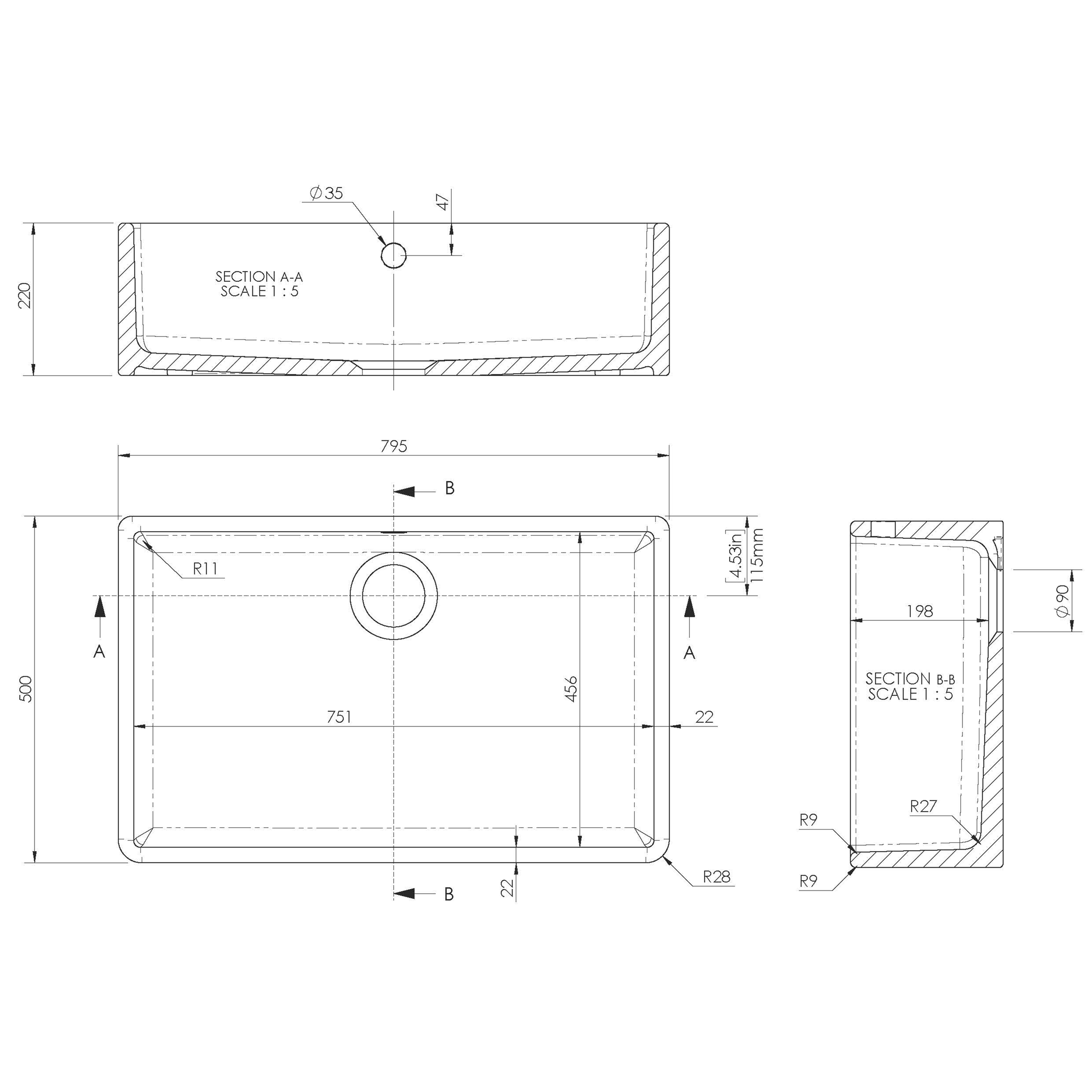 Butler & Rose Large Belfast / Butler Ceramic Fireclay Kitchen Sink - 795 x 500mm