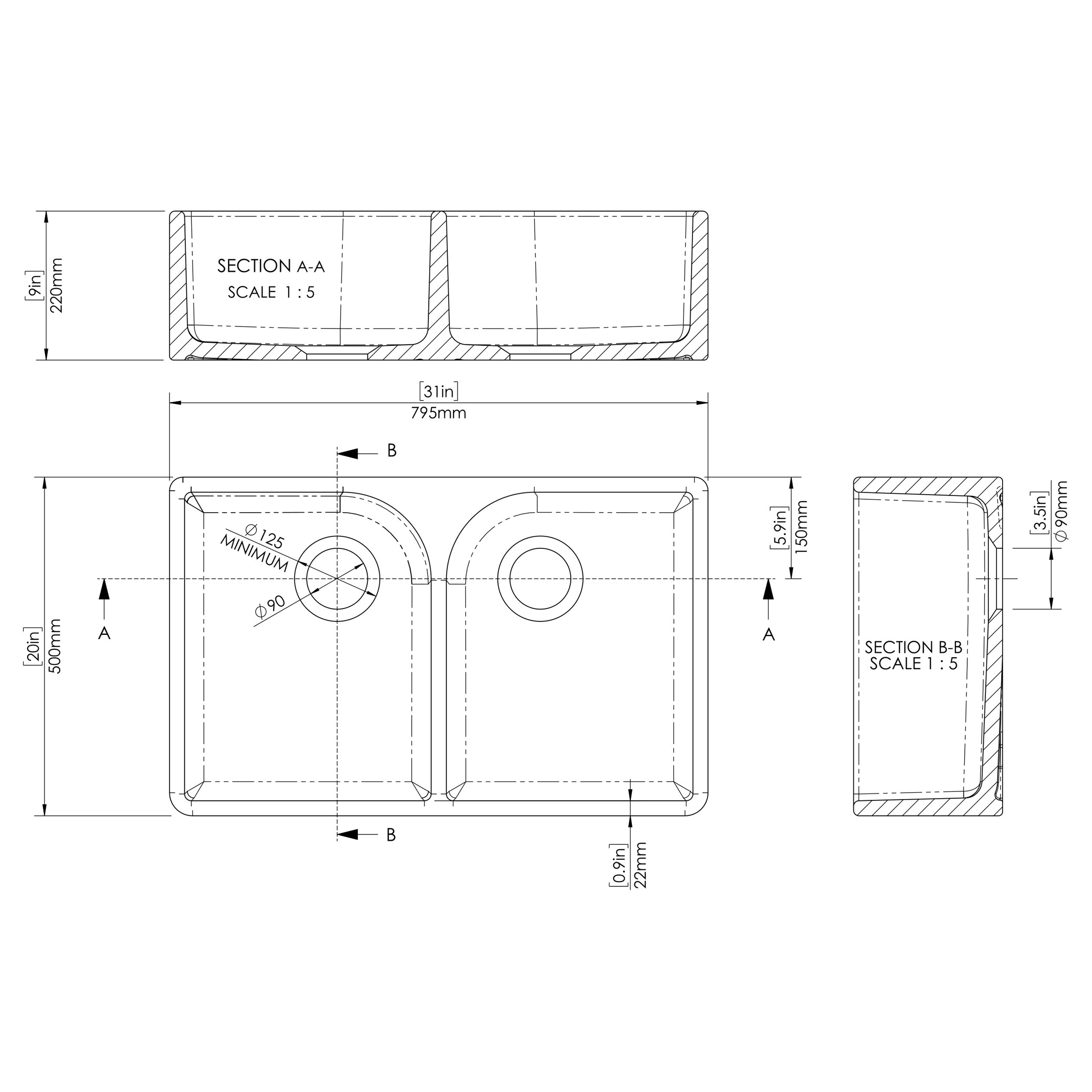 Butler & Rose Soft Black Ceramic Fireclay Double Belfast / Butler Kitchen Sink - 795 x 500mm