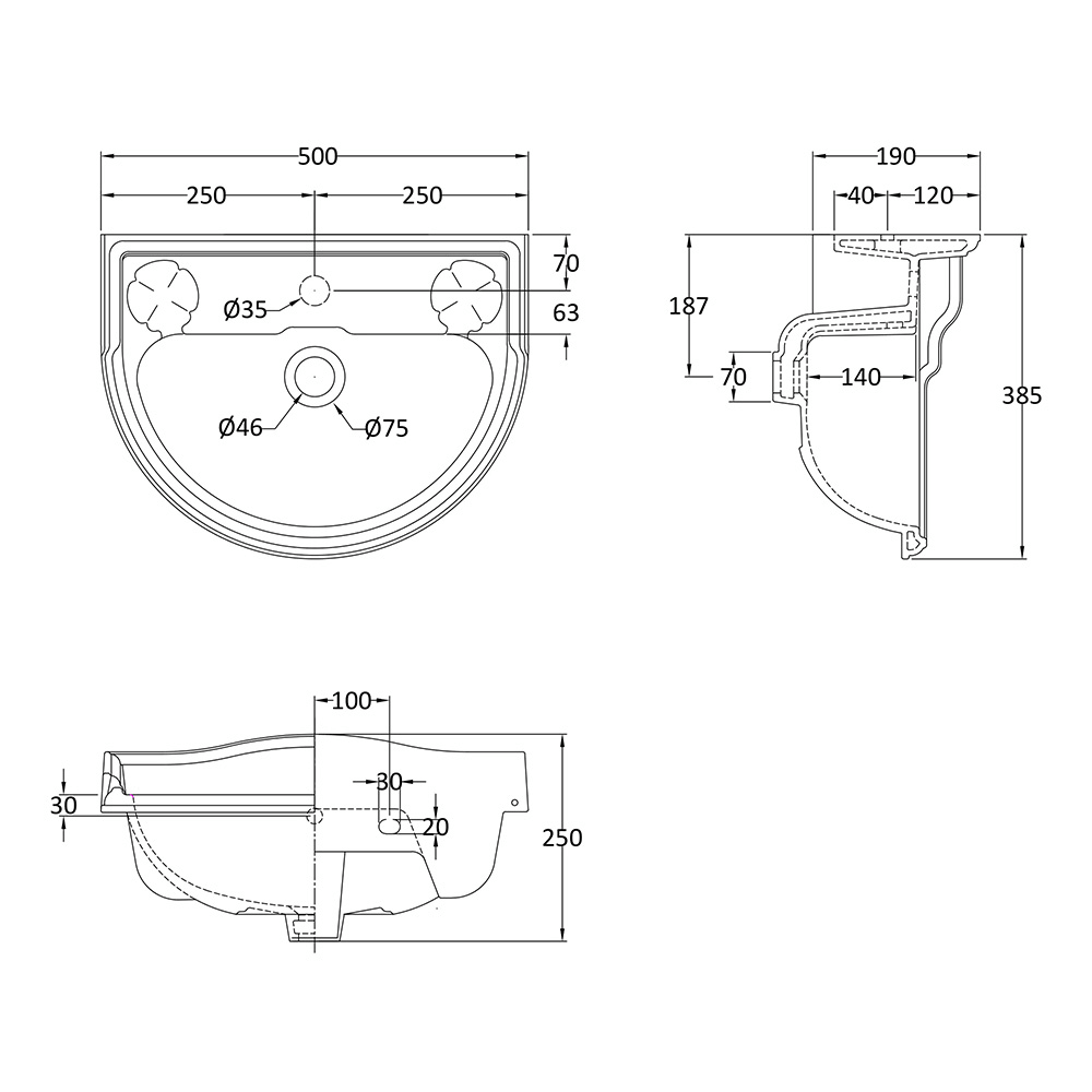Butler & Rose Benedict 500mm Basin & Bottle Trap - 1 Tap Hole