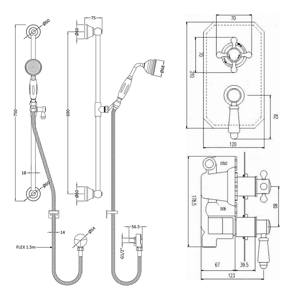 Butler & Rose Genevieve Concealed Thermostatic Shower Valve & Slide Rail Kit