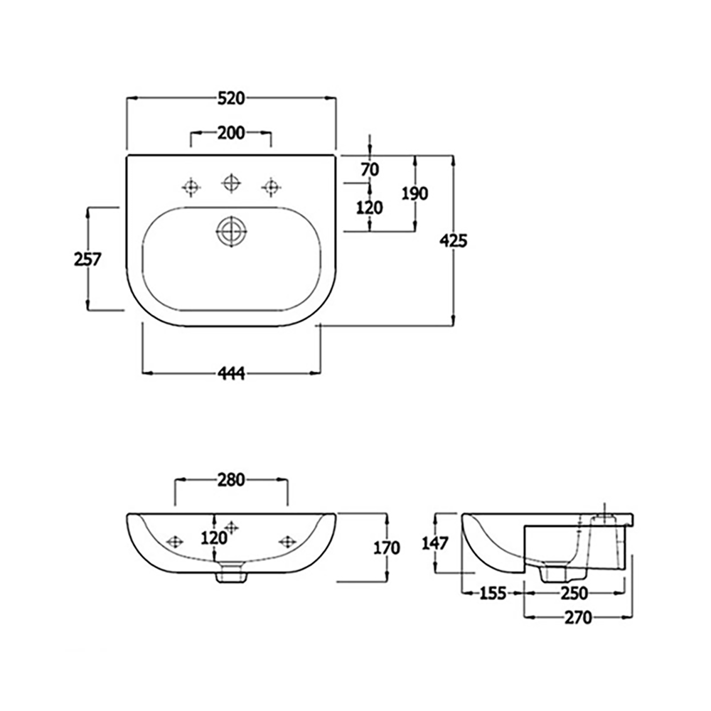RAK Tonique 520mm Semi Recessed 1 Tap Hole Basin