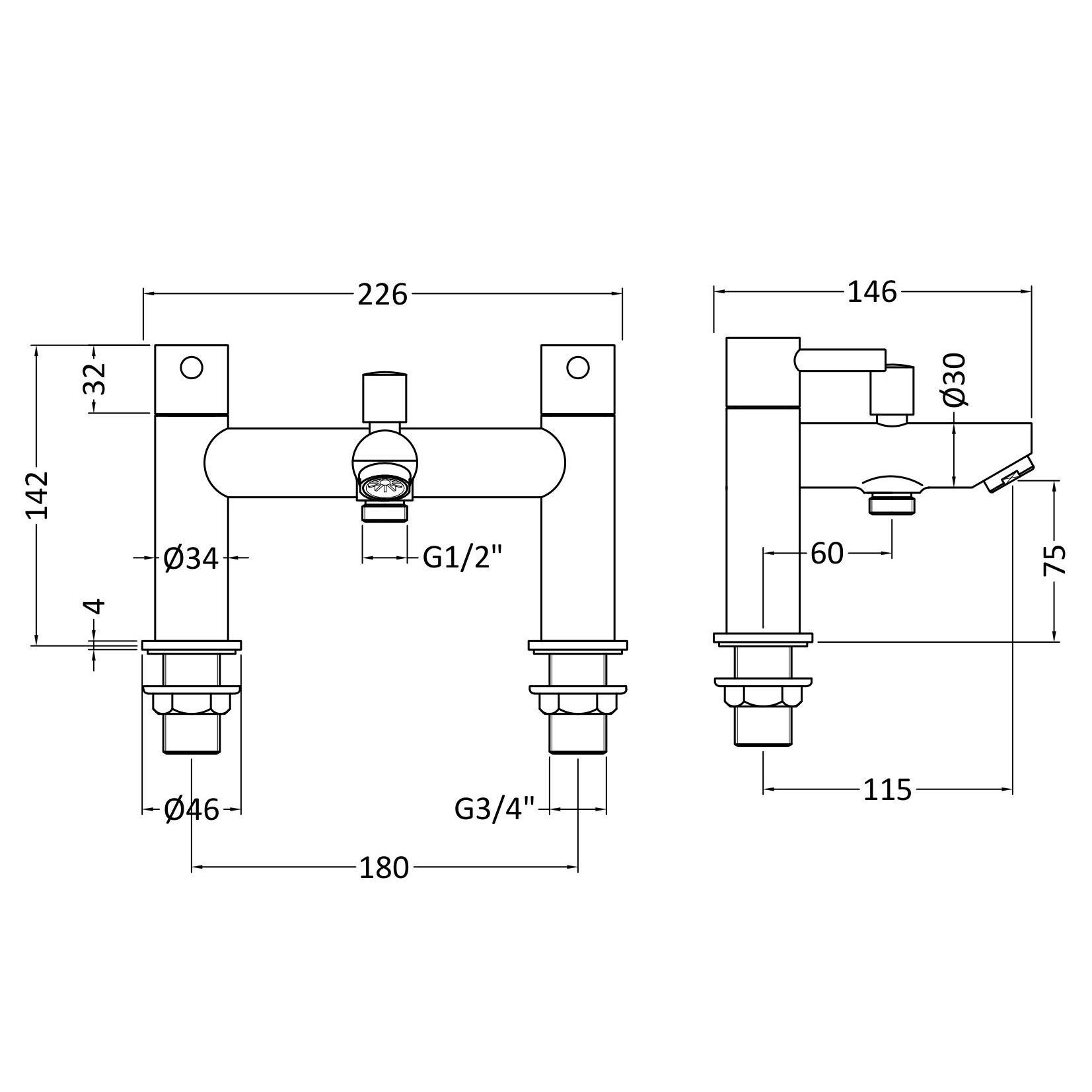 nuie Series 2 Deck Mounted Bath Mixer Tap with Shower Kit