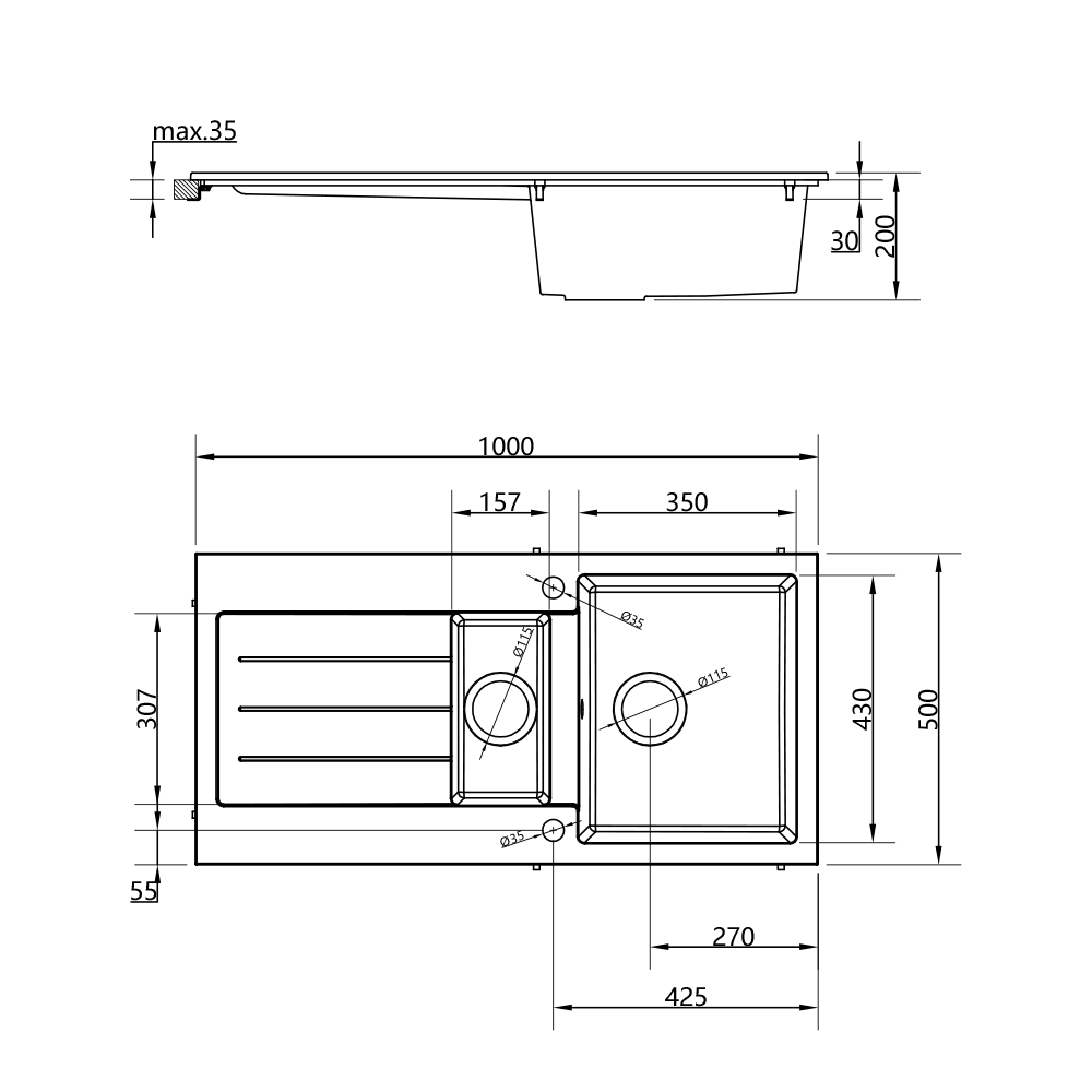 Vellamo Designer 1.5 Bowl Comite Composite Kitchen Sink & Waste with Reversible Drainer - 1000 x 500mm
