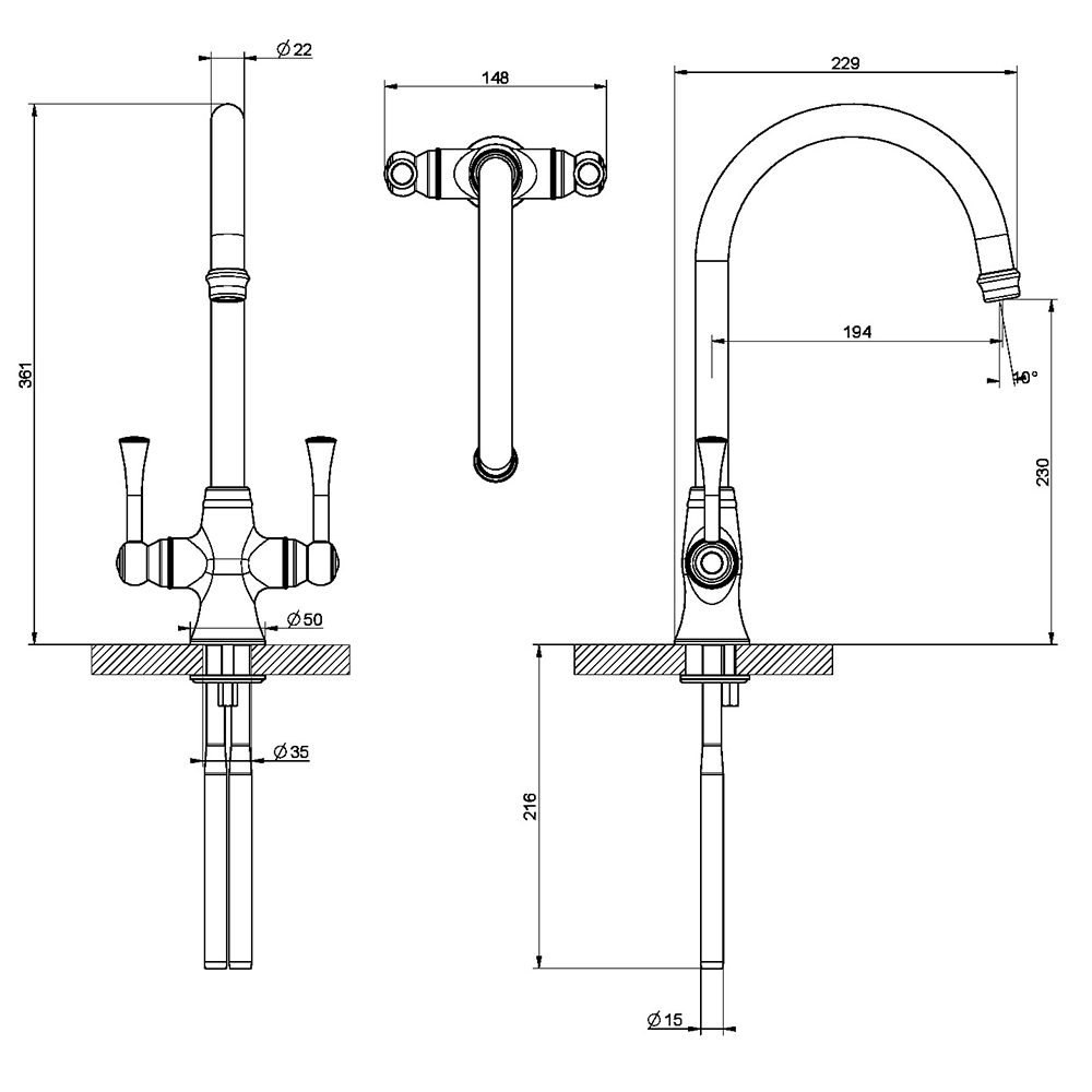 Clearwater Regent Twin Lever Mono Sink Mixer with Swivel Spout