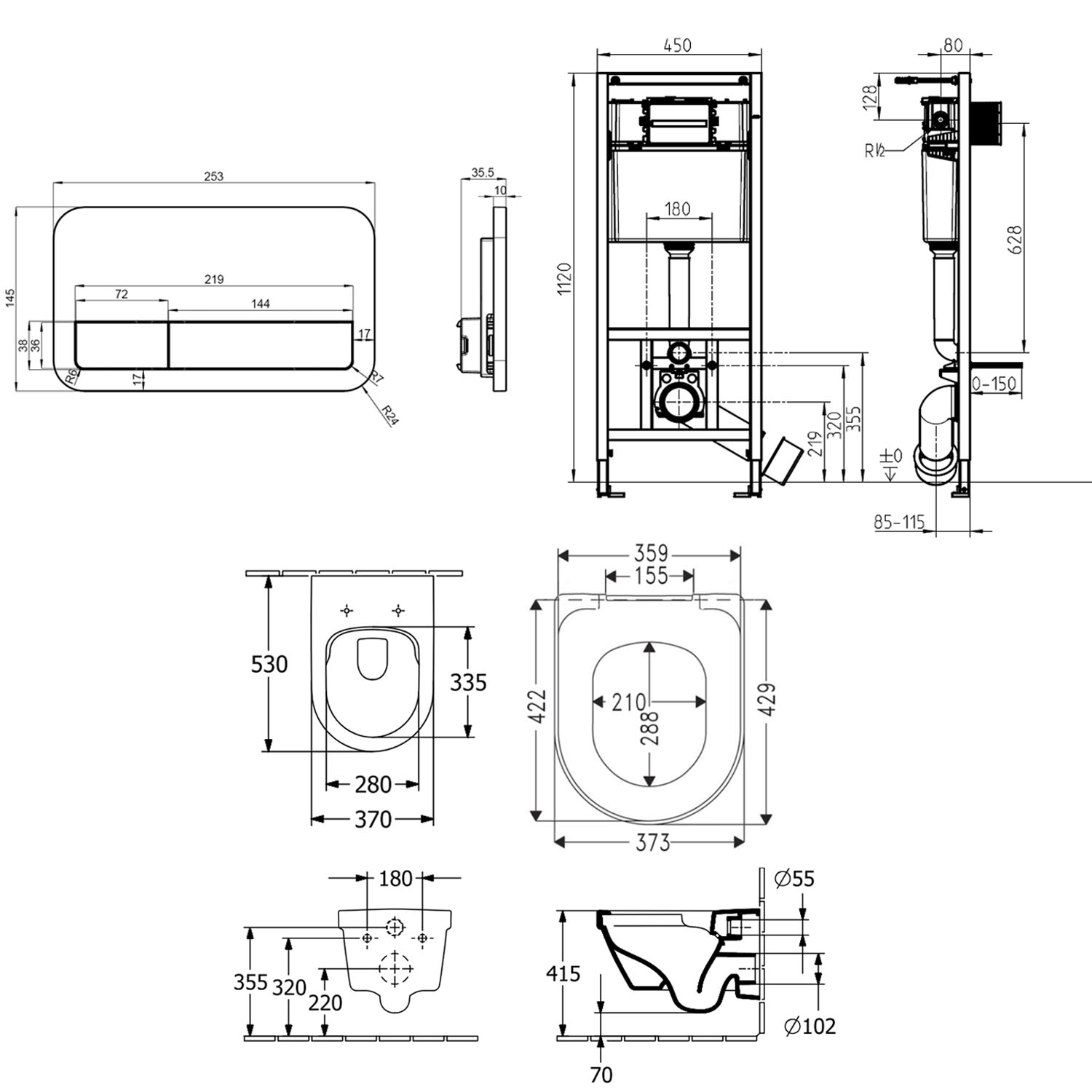 Villeroy & Boch ViConnect Pro 2.0 Frame with Architectura Round Rimless Wall Mounted Toilet, Flush Plate & Soft Close Toilet Seat
