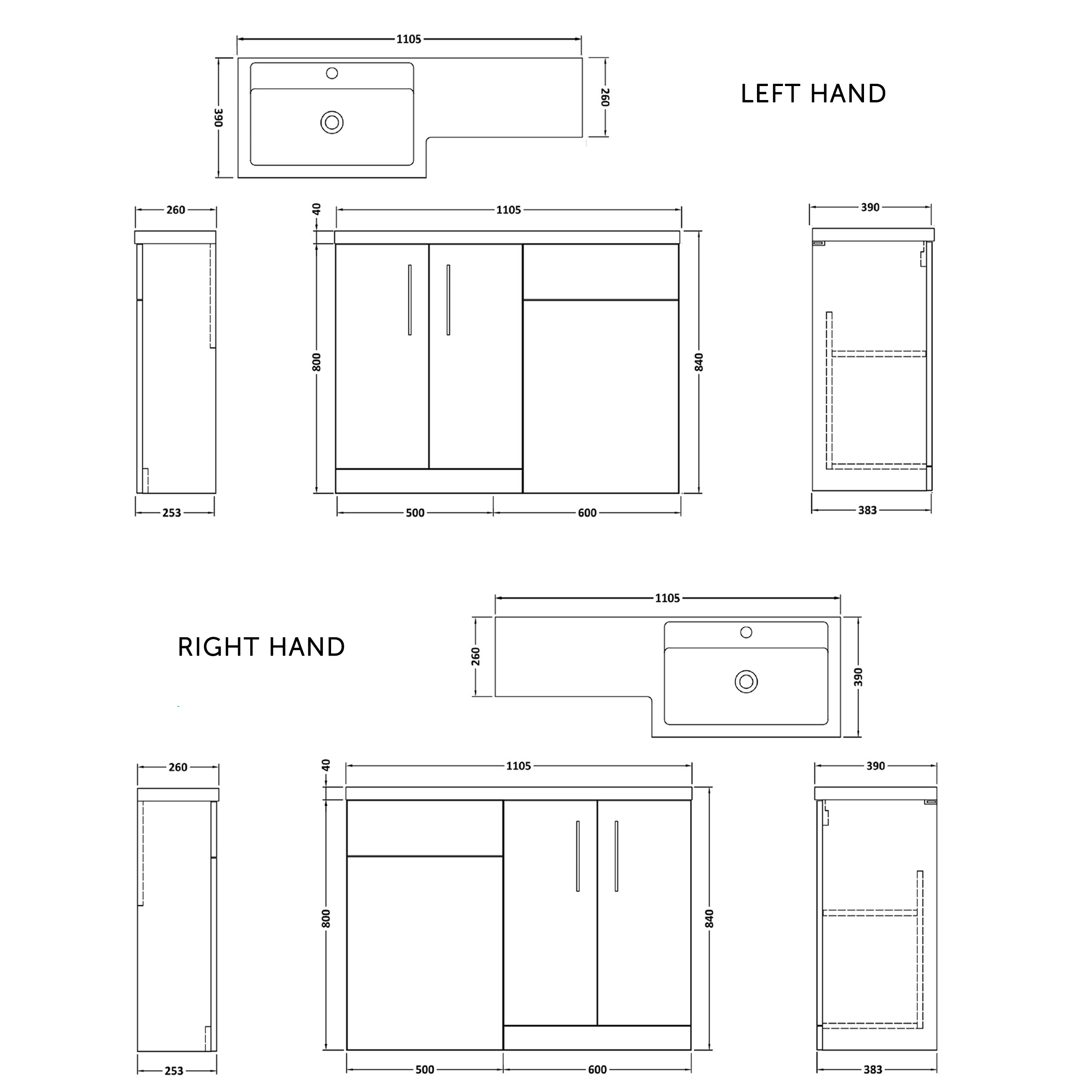 Erin 1100mm Gloss White Combination Bathroom 2 Door Sink & Toilet Unit