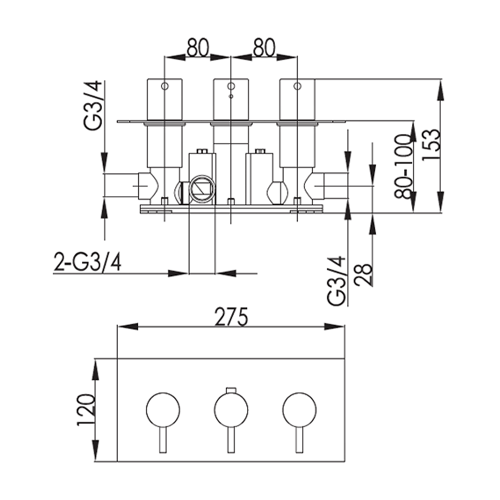VOS 2 Outlet Concealed Thermostatic Shower Valve with Designer Handles - Brushed Brass (3 Handles)