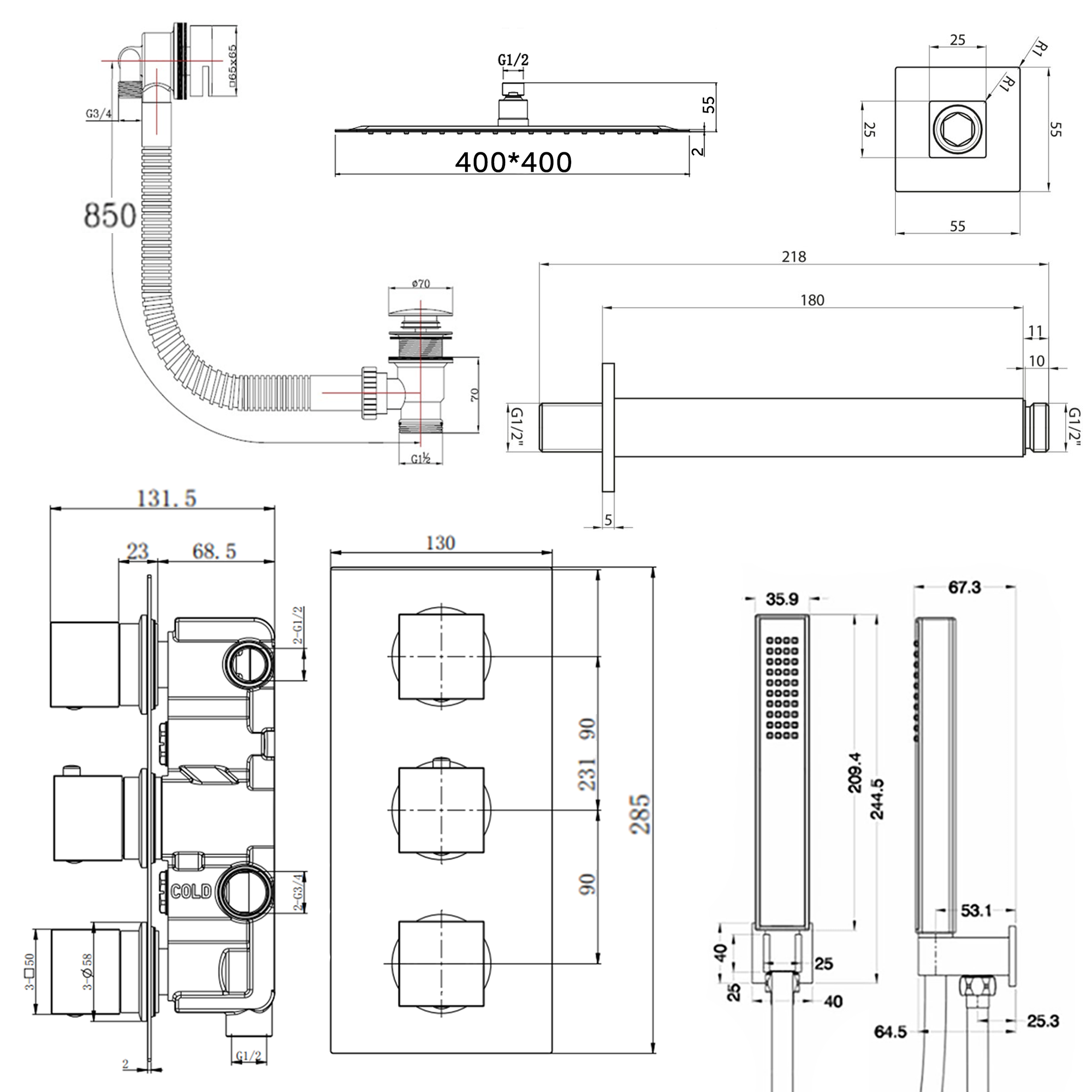 Carter Concealed Shower Valve, Fixed Shower Head, Handset & Overflow Bath Filler