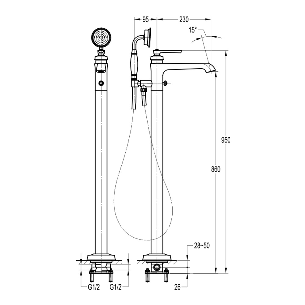 Flova Liberty Floor Standing Bath Shower Mixer with Handset Kit - Chrome