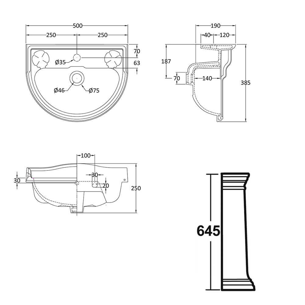 Butler & Rose Benedict 500mm Full Pedestal & Basin - 1 Tap Hole