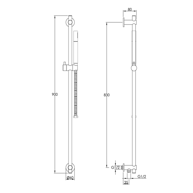 VOS Slide Rail Shower Kit with Shower Handset & Hose - Matt Black