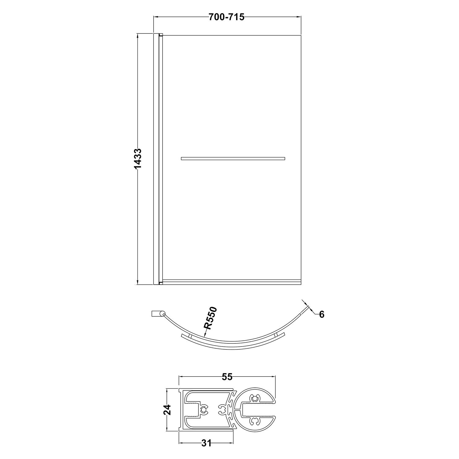 Drench Curved Polished Chrome Hinged P-Bath Screen With Towel Rail - 1435 x 700mm