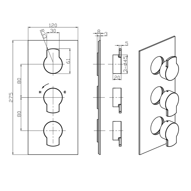 Crosswater Wisp 2 Outlet 3 Handle Concealed Thermostatic Shower Valve