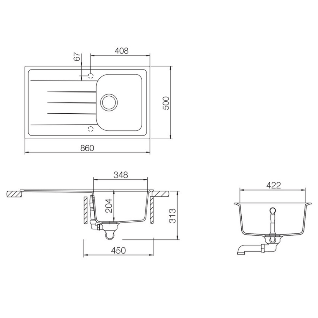 Rangemaster Amethyst Igneous Granite Compact Single Bowl Kitchen Sink with Reversible Drainer & Waste Kit - 860 x 500mm
