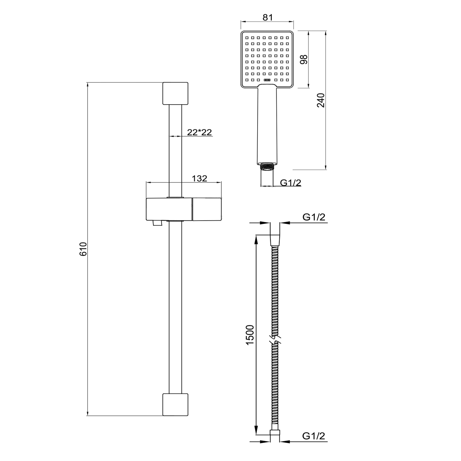 Vellamo Square Shower Slide Rail Kit - Polished Chrome