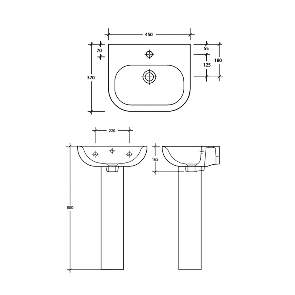 RAK Tonique 450mm 1 Tap Hole Basin with Full Pedestal