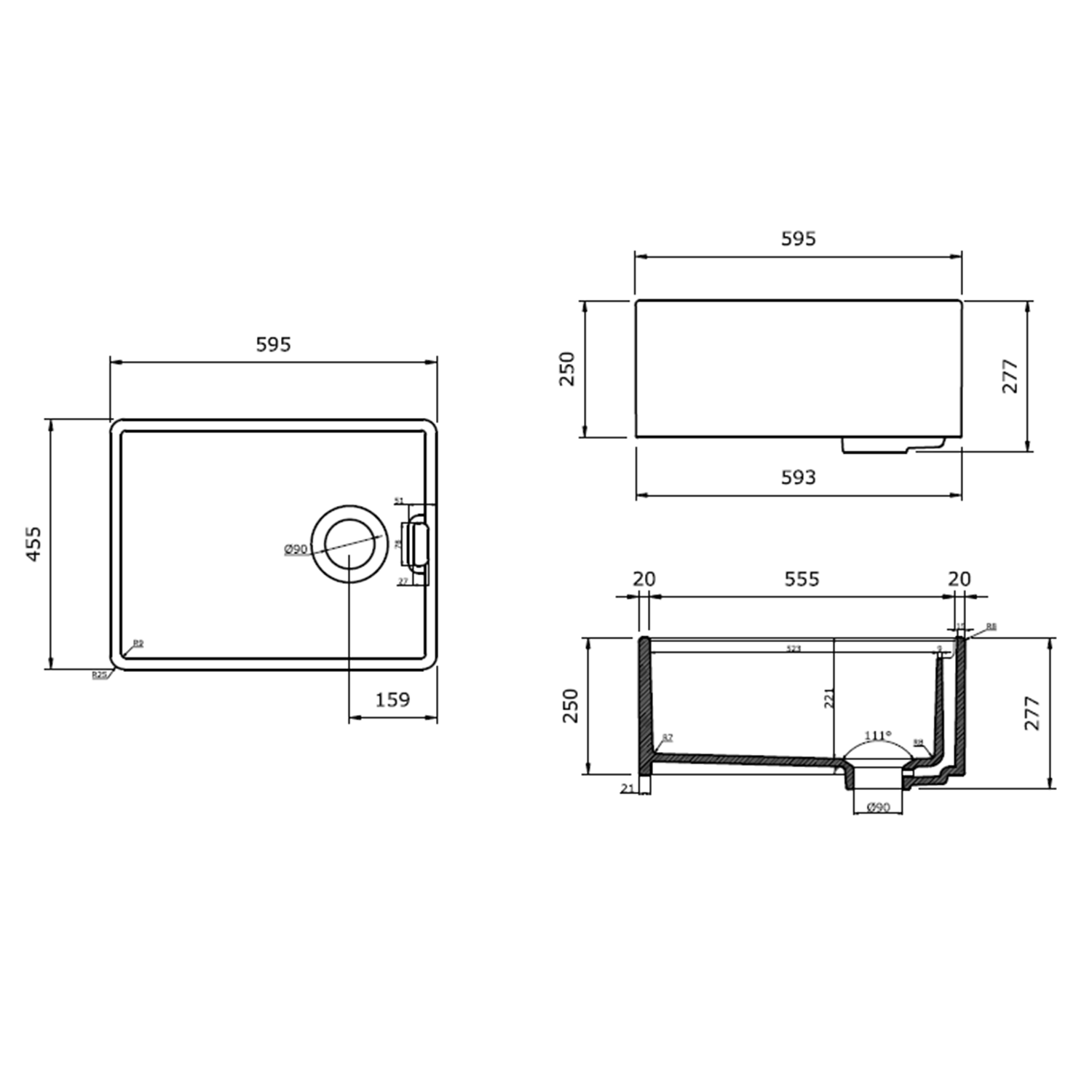 Reginox Contemporary White Ceramic Belfast Kitchen Sink - 595 x 455mm