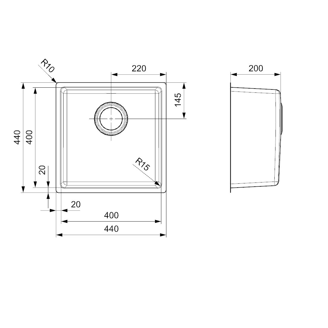 Reginox Houston 40x40 Single Bowl Stainless Steel Inset / Undermount Kitchen Sink & Waste Kit - 440 x 440mm