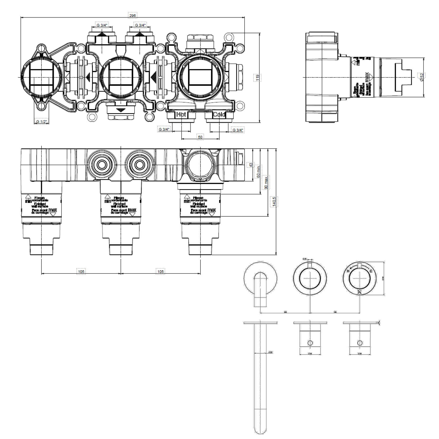 Crosswater Module 3 Outlet 2 Handle Concealed Thermostatic Shower Valve & Bath Spout
