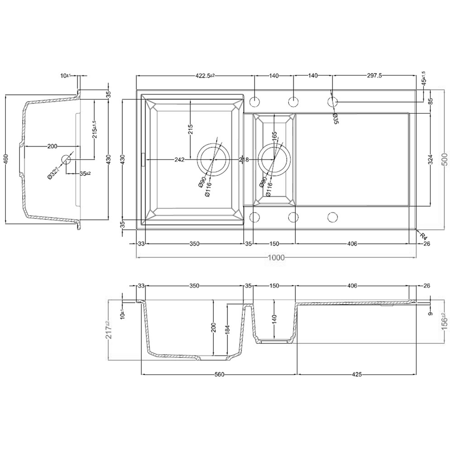 Reginox Elleci Easy 475 1.5 Bowl Granite Composite Inset Kitchen Sink & Waste - 1000 x 500mm