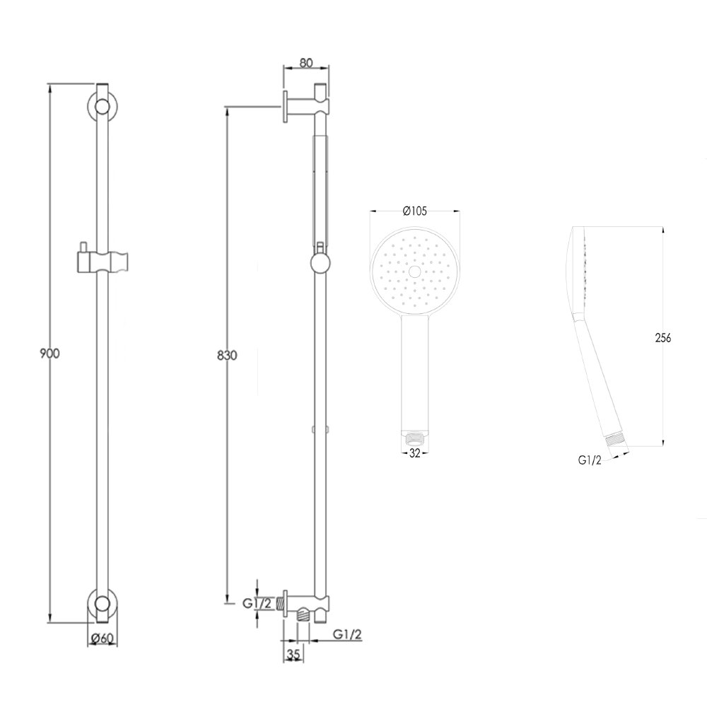 VOS Slide Rail Shower Kit with Round Shower Handset & Hose - Brushed Brass