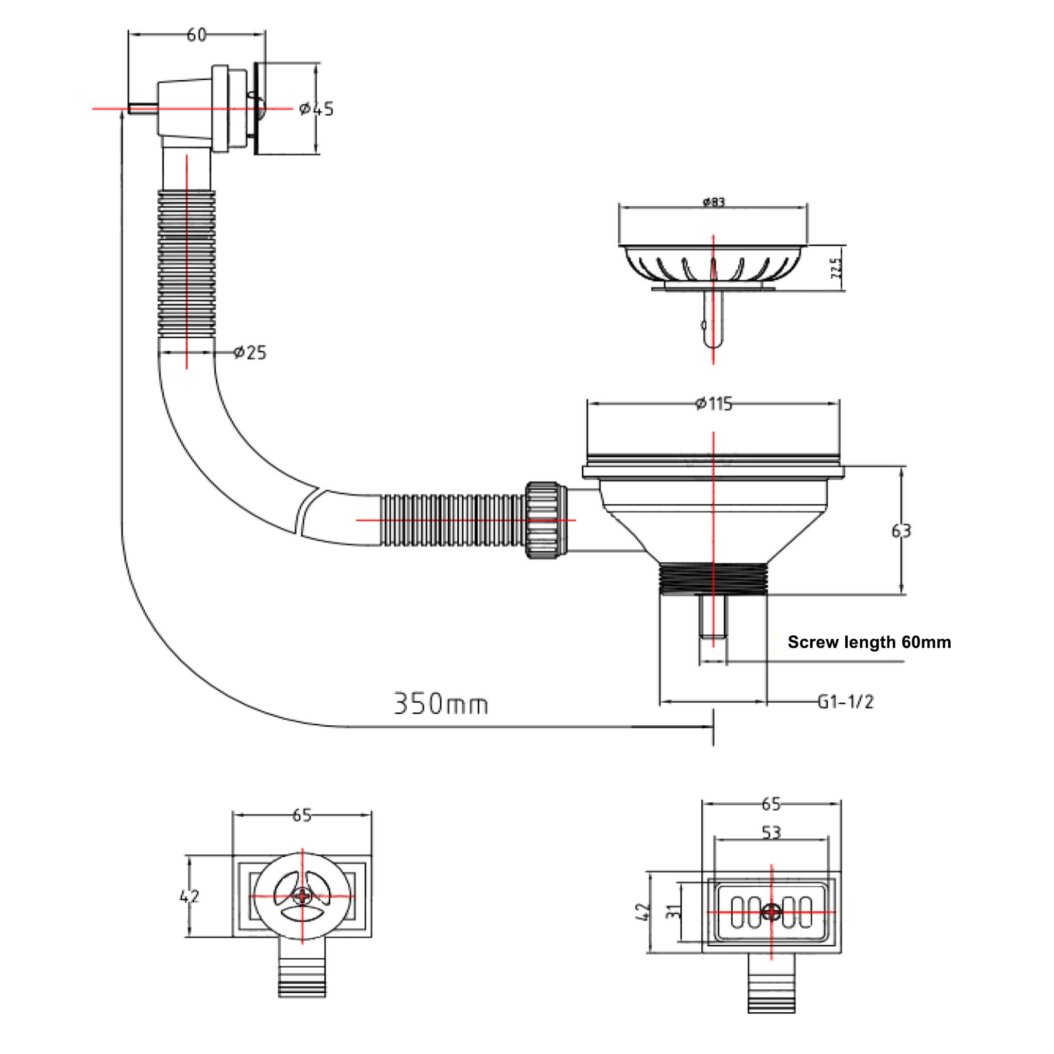 Butler & Rose 90mm Basket Strainer Kitchen Sink Waste, Overflow Pipework & Cover - Brushed Brass