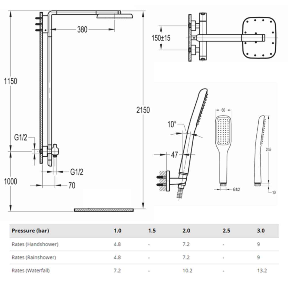 Flova Urban Thermostatic Shower Column with Handset & Dual Function Overhead Shower