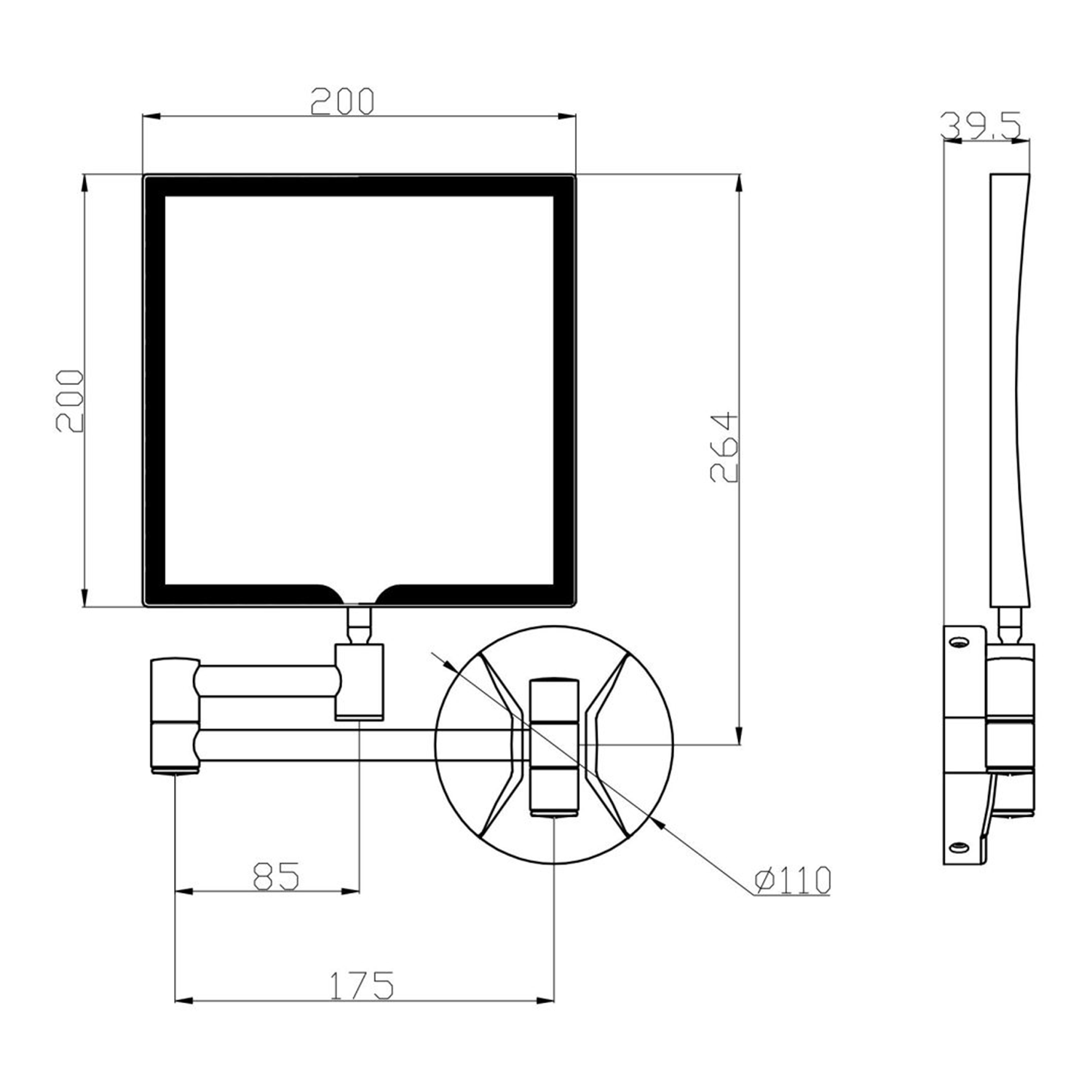 Vellamo LED Illuminated Matt Black Square Magnifying Wall Mirror