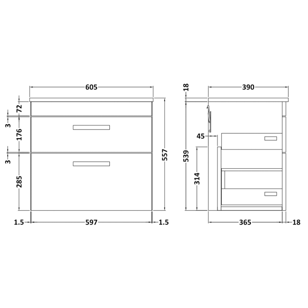 Emily 600mm Wall Mounted 2 Drawer Vanity Unit and Countertop