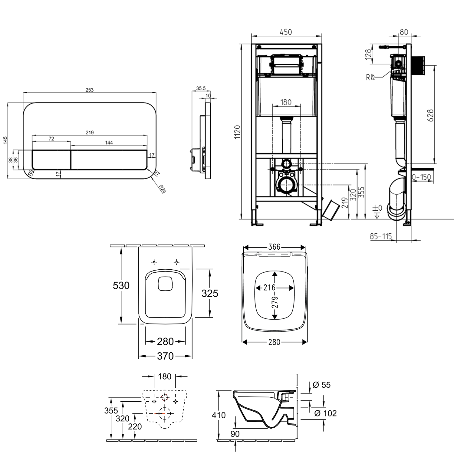 Villeroy & Boch ViConnect Pro 2.0 Frame with Architectura Square Rimless Wall Mounted Toilet, Flush Plate & Soft Close Toilet Seat 