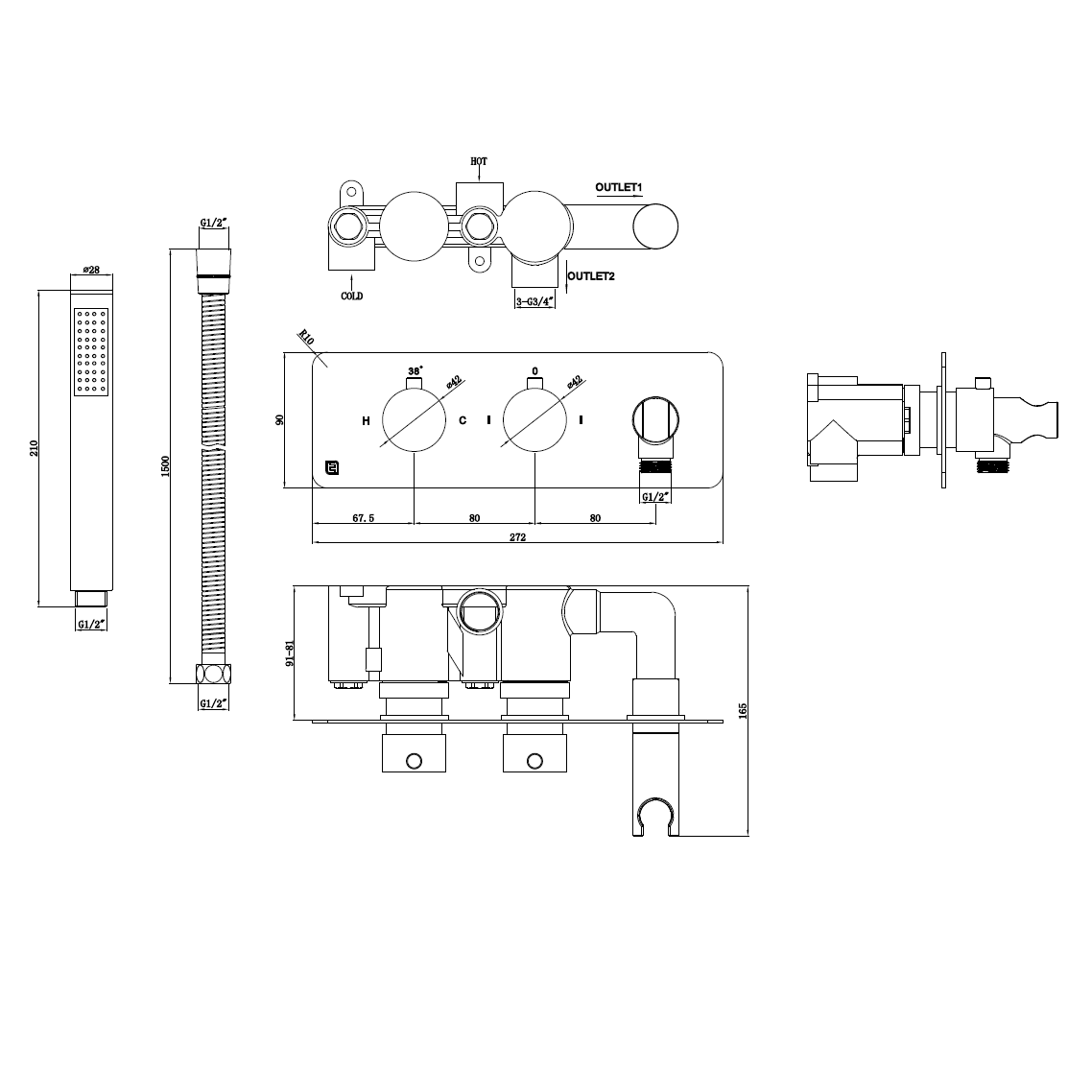 The Tap Factory Vibrance Brushed Brass WRAS Approved Concealed Thermostatic Shower Valve with Fixed Shower Head and Shower Handset