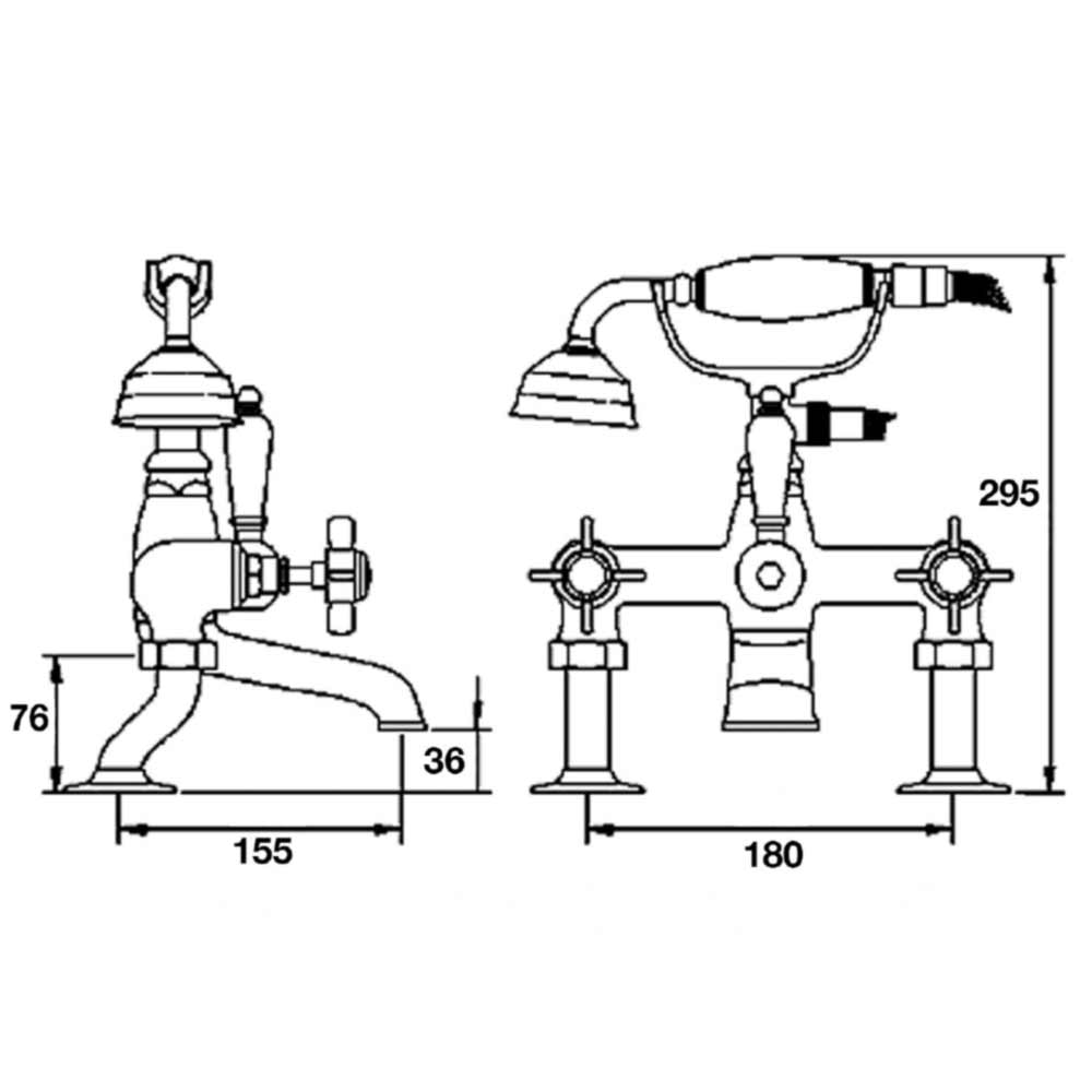 nuie Beaumont Luxury Cranked Deck Mounted Bath Mixer with Handset Kit