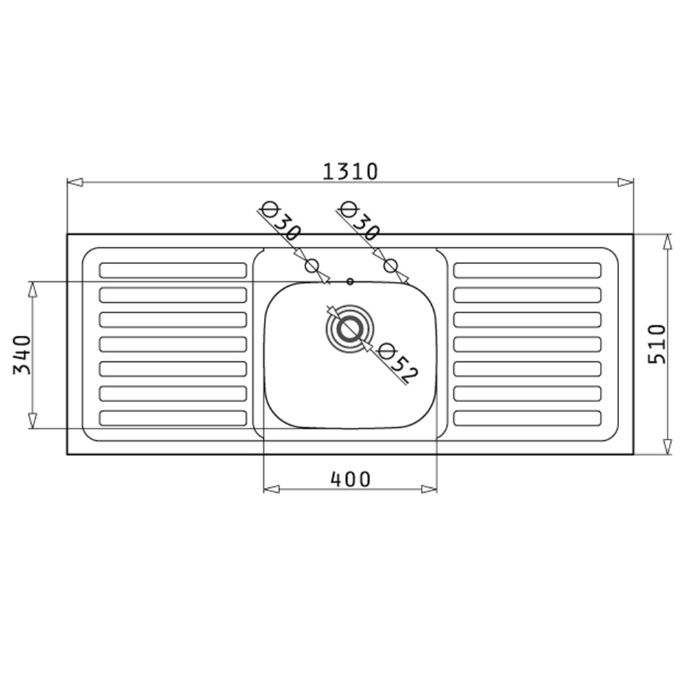 Clearwater Contract Inset Single Bowl Stainless Steel Sink with 2 Tap Holes & Double Drainer - 1310 x 510mm