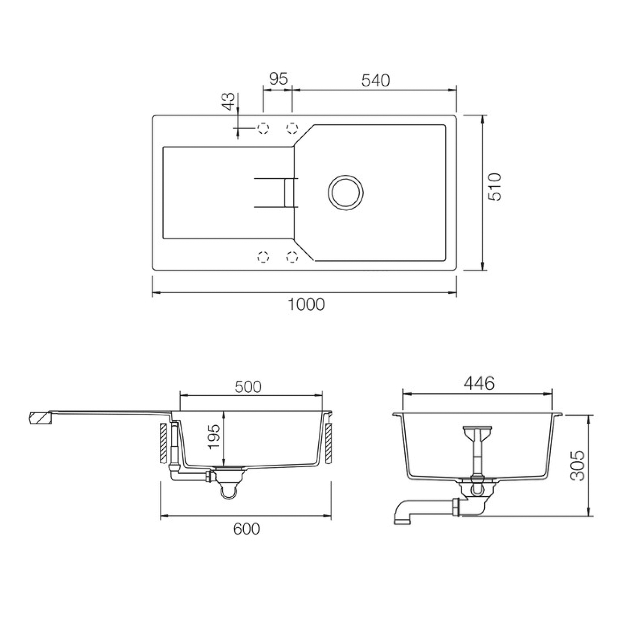 Rangemaster Mayon Large 1 Bowl Igneous Granite Kit Kitchen Sink & Waste Kit with Reversible Drainer - 1000 x 510mm