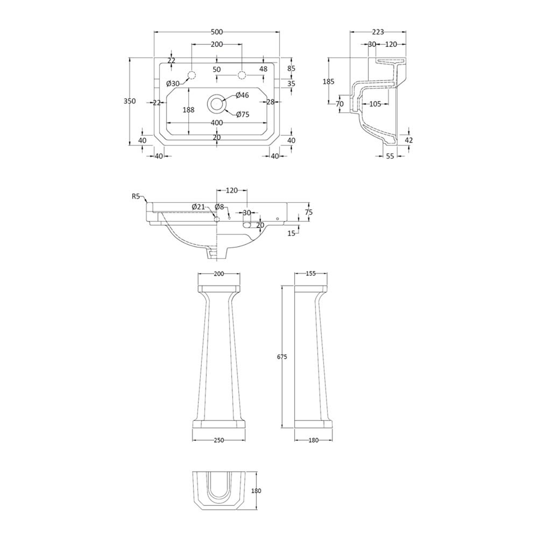 Butler & Rose Catherine 500mm Full Pedestal & Basin - 2 Tap Hole