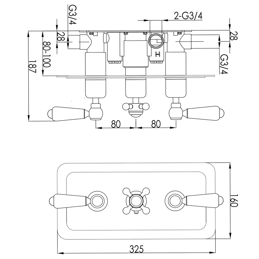 Butler & Rose Caledonia Lever 2 Outlet Horizontal Concealed Thermostatic Shower Valve