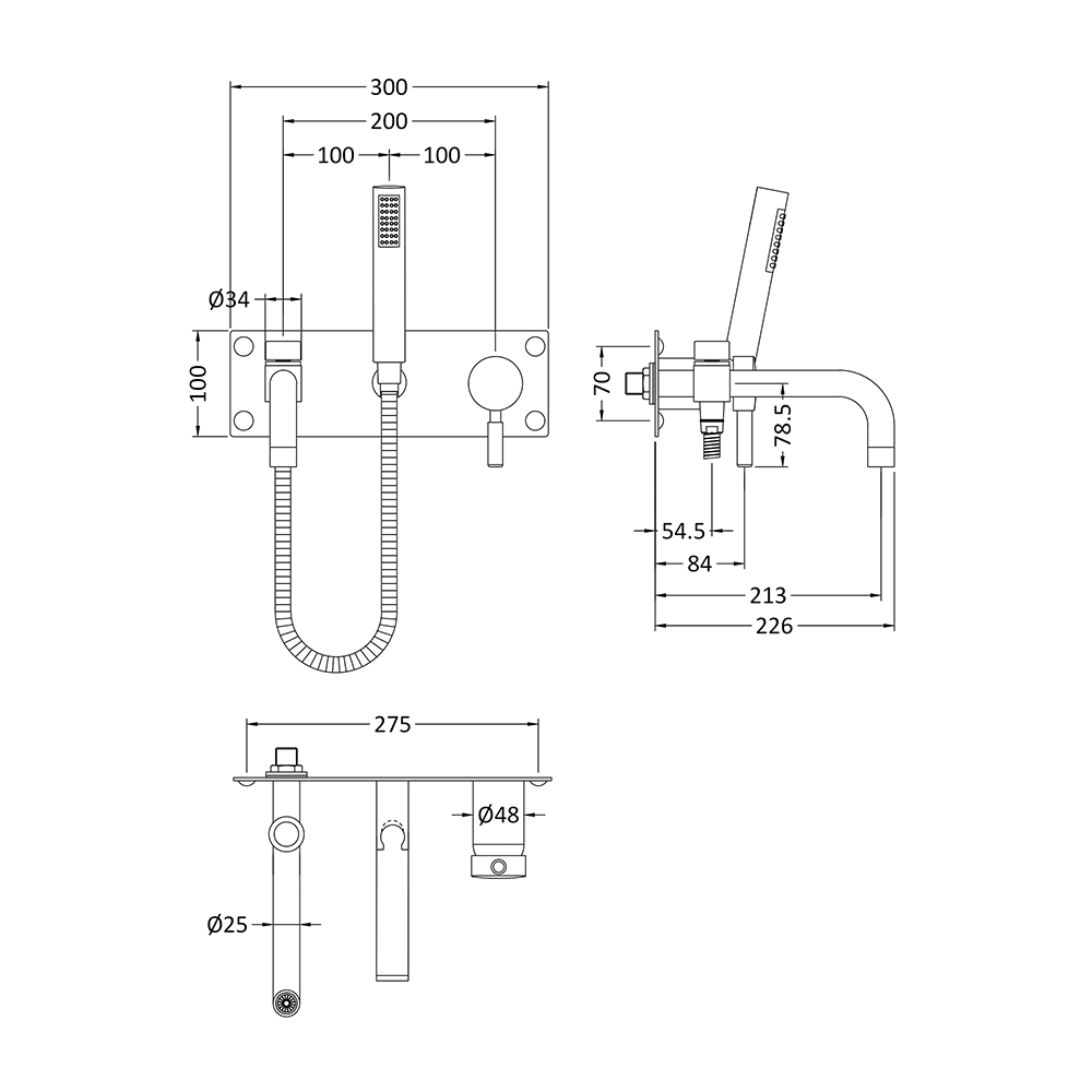 Hudson Reed Tec Lever Wall Mounted Bath Mixer with Handset Kit