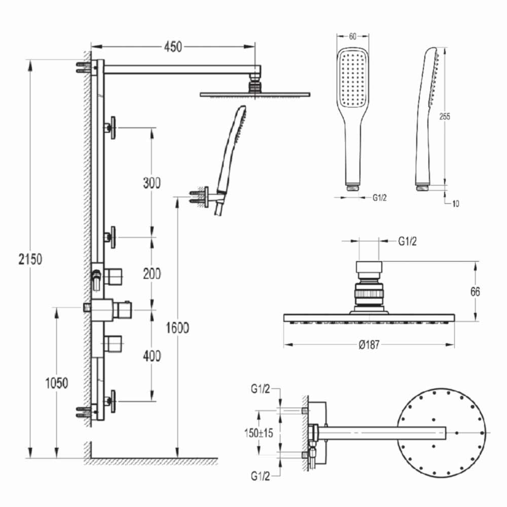Flova Allore Thermostatic Shower Column with Handset, Body Jets & Overhead Shower