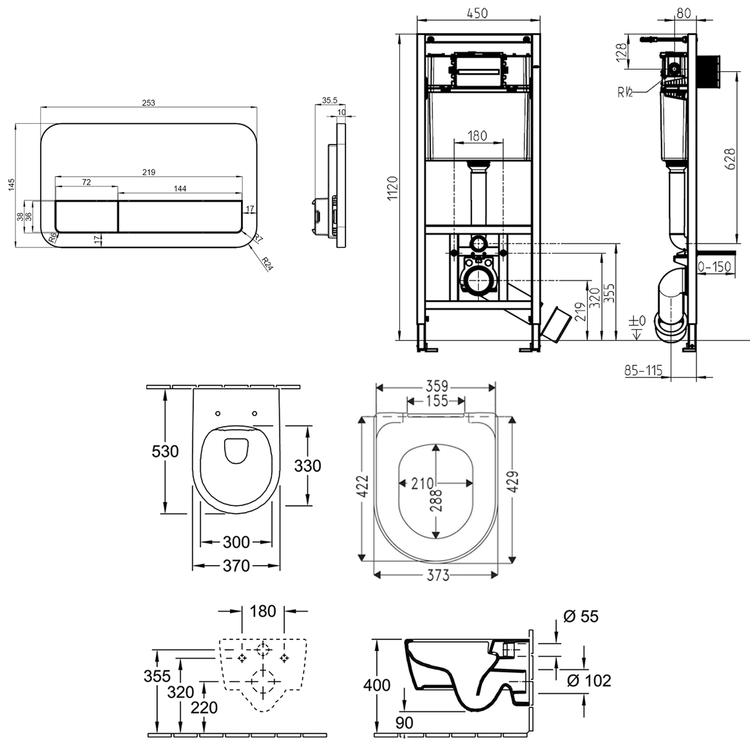 Villeroy & Boch ViConnect Pro 2.0 Frame with Arto Rimless Wall Mounted Toilet, Flush Plate & Soft Close Toilet Seat