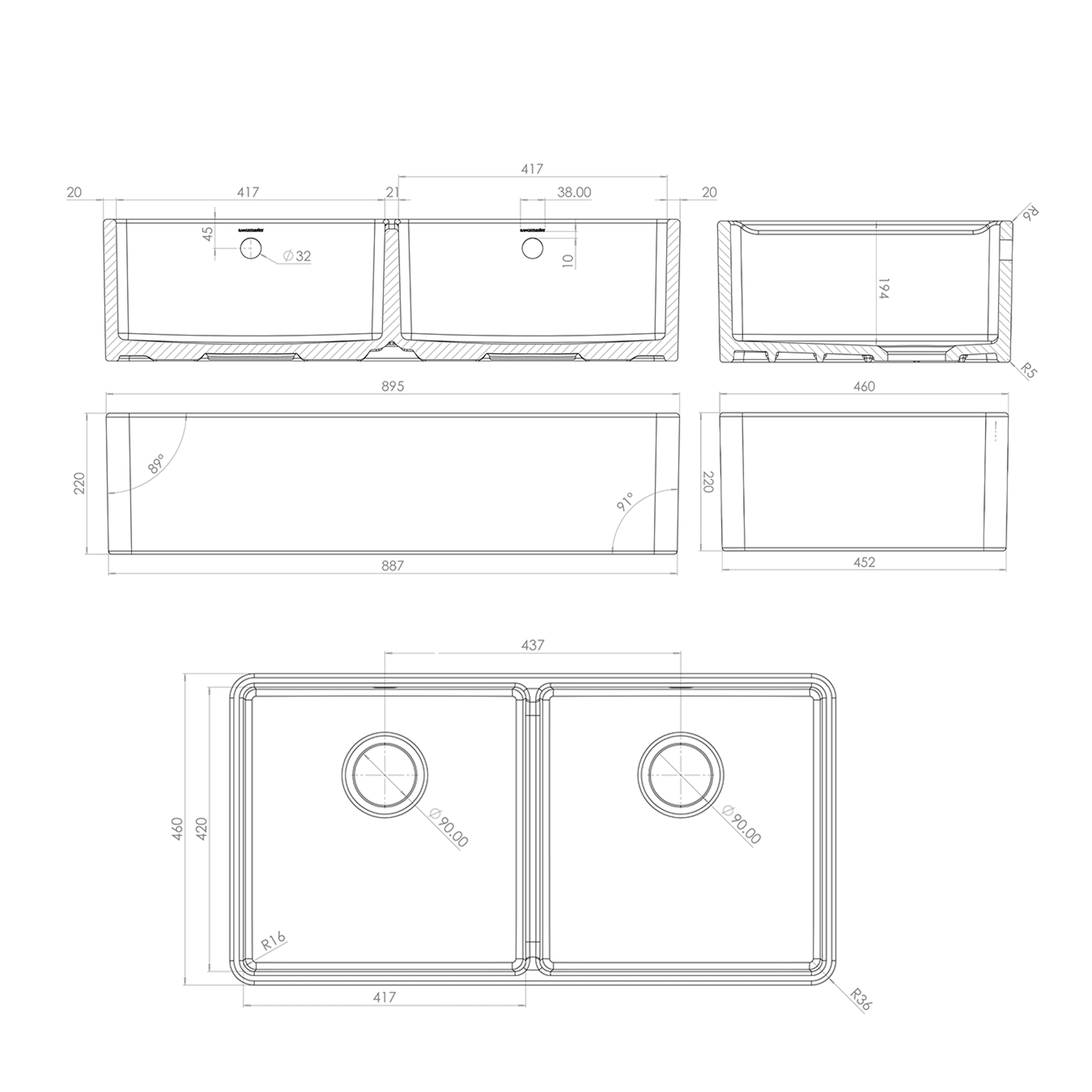 Rangemaster Double Belfast Large 2 Bowl White Ceramic Kitchen Sink & Waste Kit - 895 x 460mm
