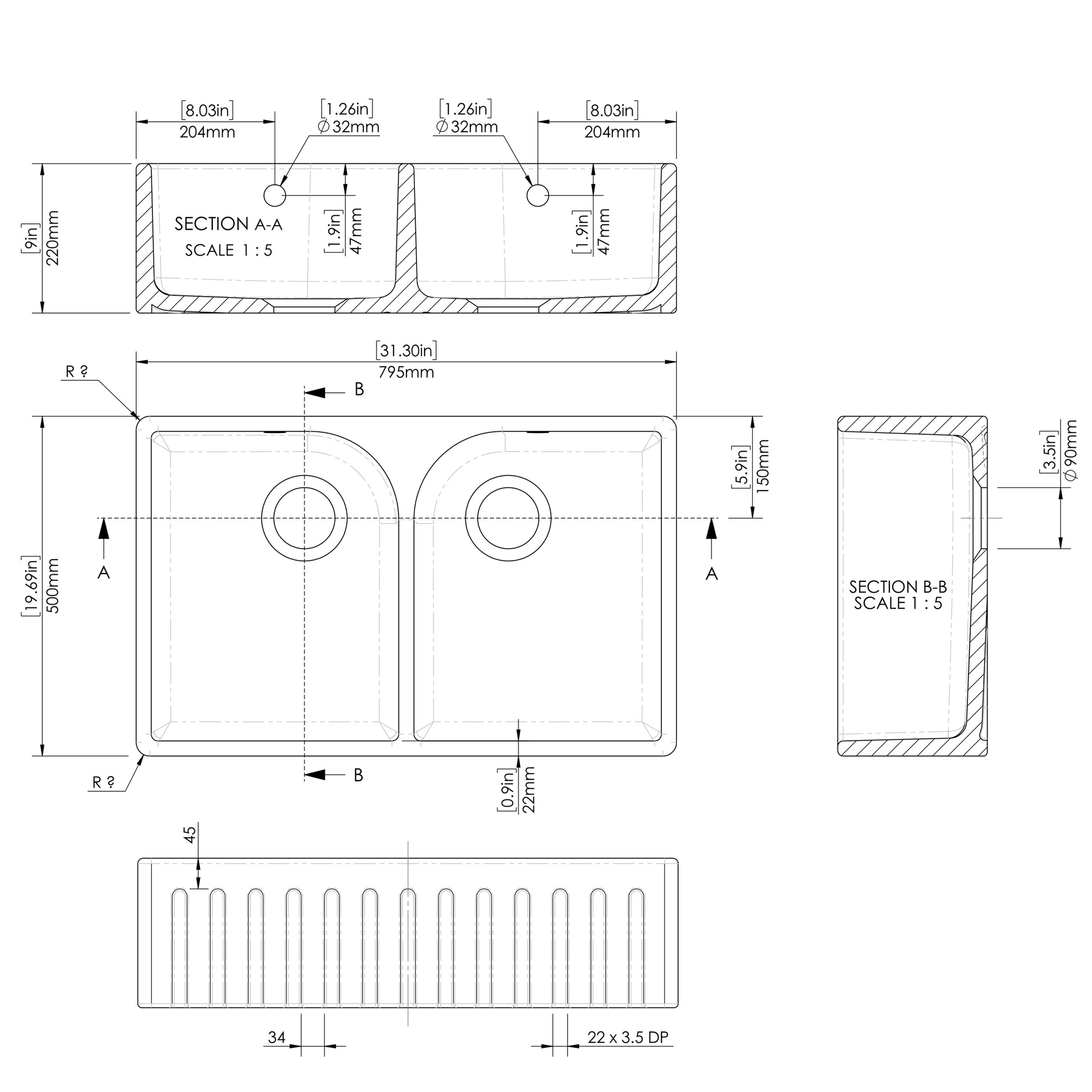 Butler & Rose Fluted Ceramic Fireclay Double Belfast / Butler Kitchen Sink - 795 x 500mm