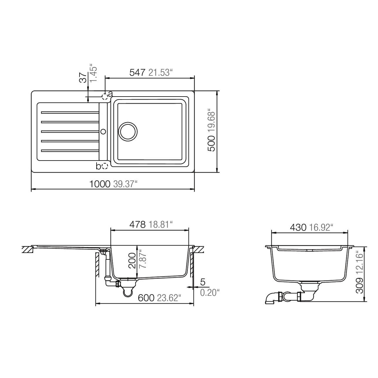 Clearwater Typos 1 Bowl Granite Composite Sink & Waste with Reversible Drainer - 1000 x 500mm