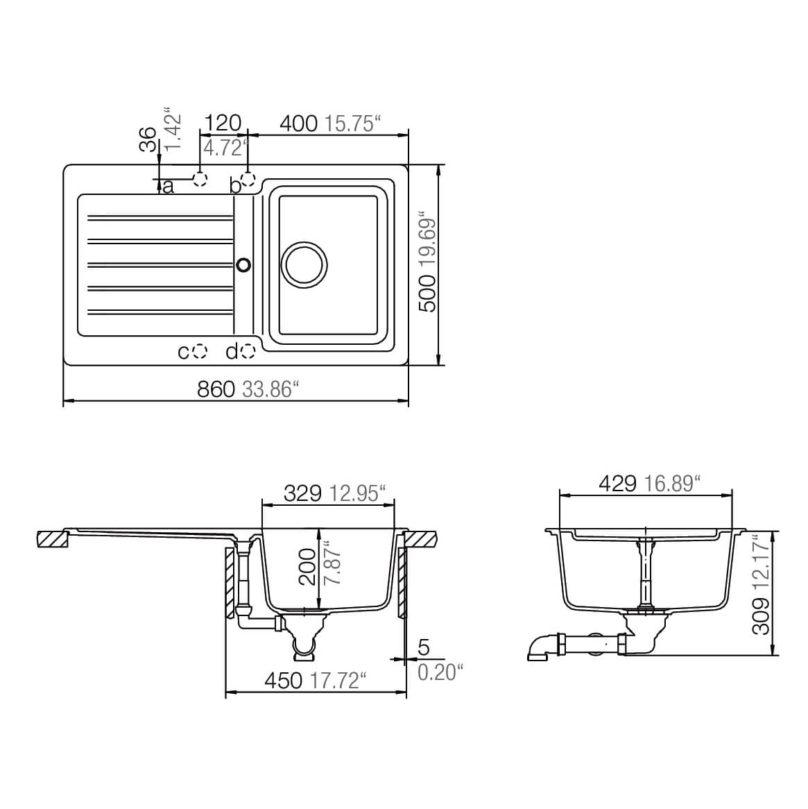 Clearwater Typos 1 Bowl Granite Composite Sink & Waste with Reversible Drainer - 860 x 500mm