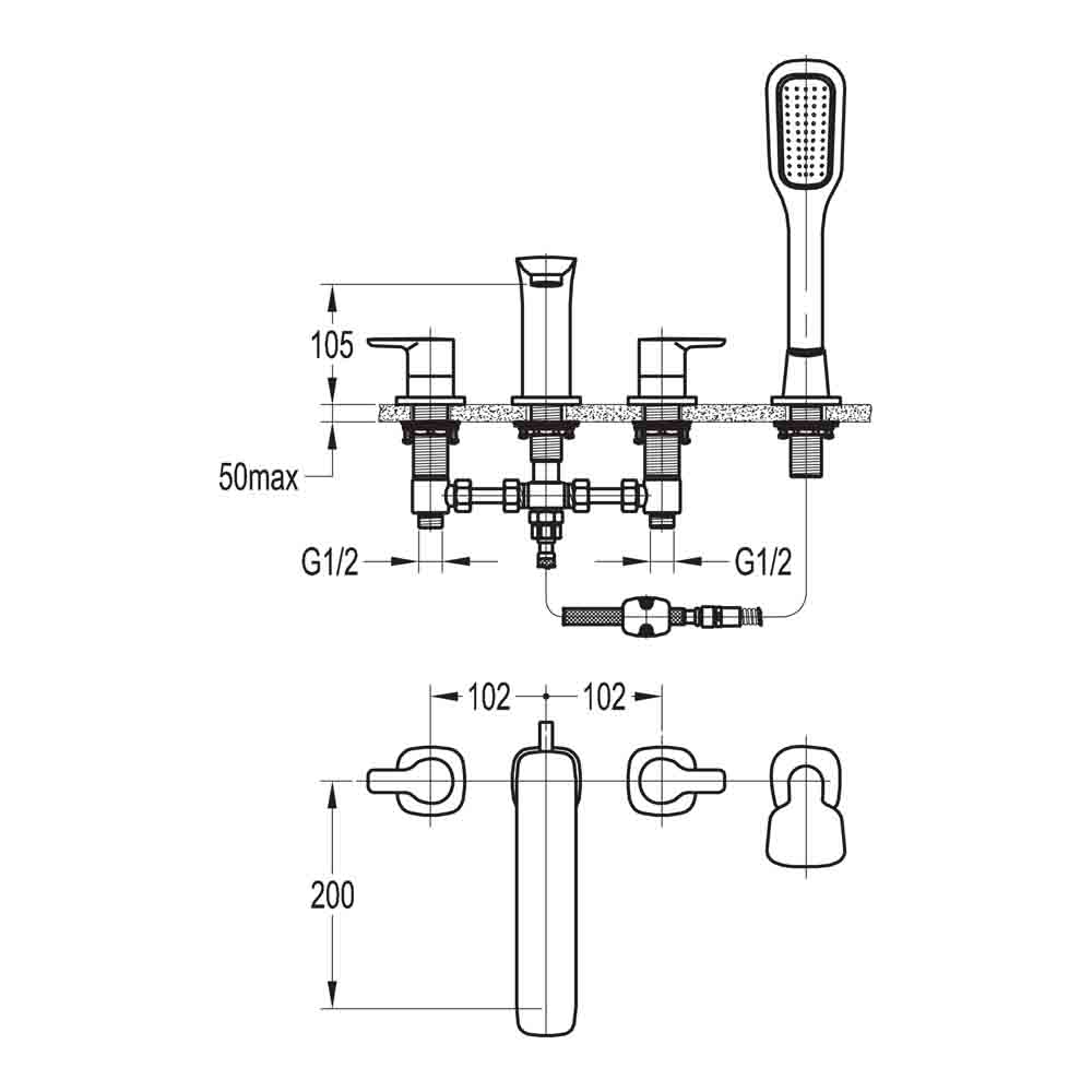 Flova Urban 4 Hole Deck Mounted Bath Shower Mixer with Pull Out Handset