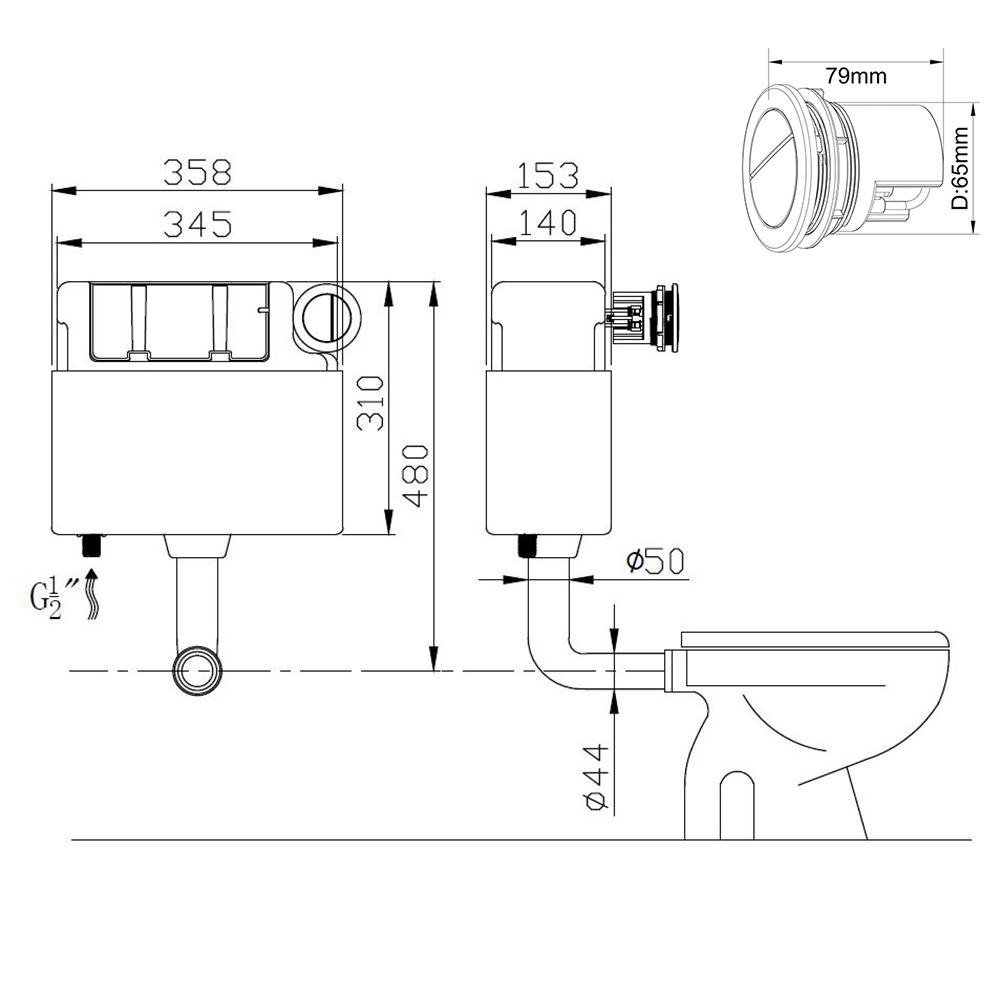 Harbour Pneumatic Dual Flush Concealed Cistern with Polystyrene Jacket & Matt Black Button