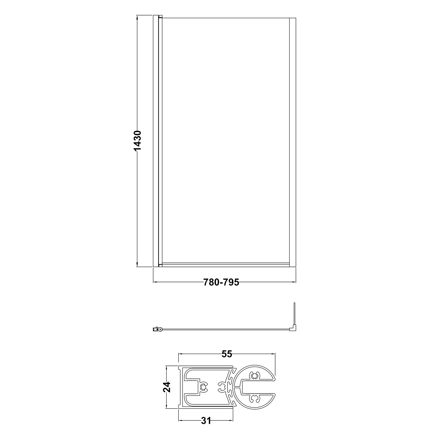 Vellamo City 6mm Matt Black Square Corner Hinged Bath Screen With Fixed Return - 1430 x 780mm