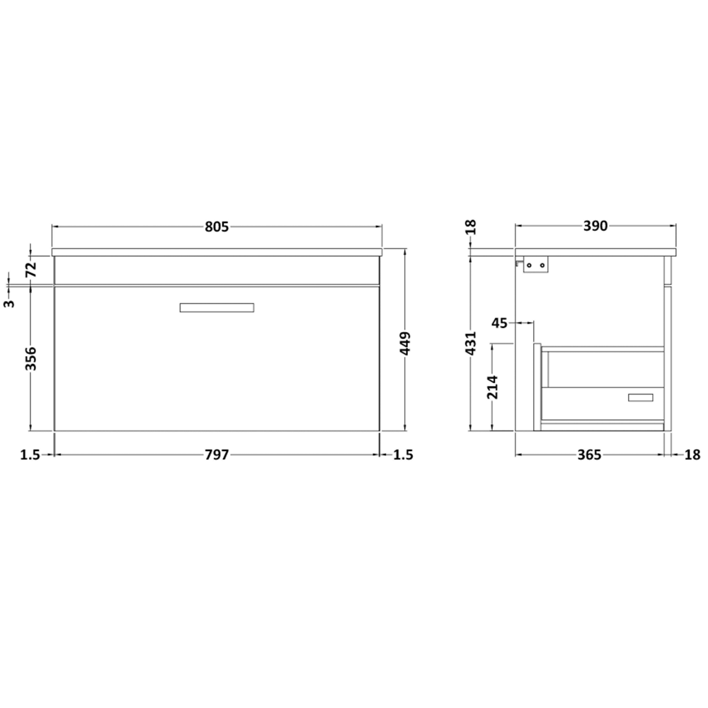 Emily 800mm Wall Mounted 1 Drawer Vanity Unit and Countertop