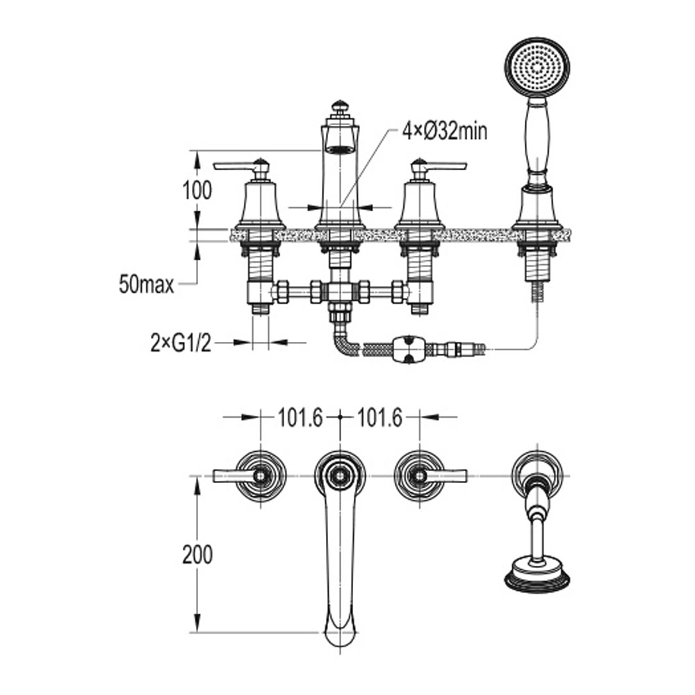 Flova Liberty 4 Hole Deck Mounted Bath Shower Mixer with Pull Out Handset - Oil Rubbed Bronze